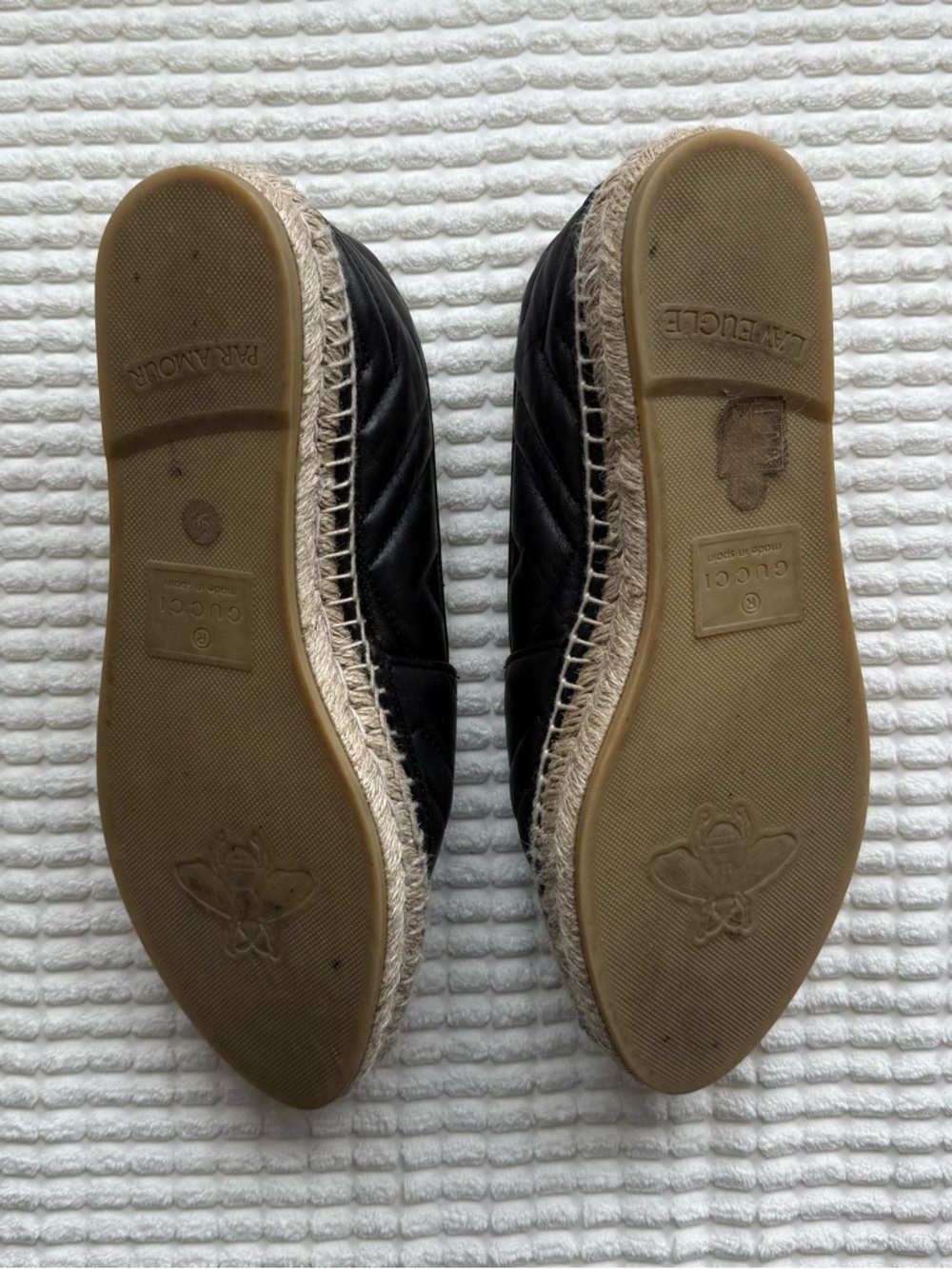 Gucci Black Quilted Leather Espadrille Flats with Gold Double G - Picture 4 of 5